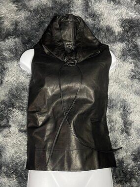 Vintage BCBG Max Azria Black Genuine Leather Cowl Neck Top Size 4 Late 90s / Y2K